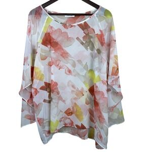 Calvin Klein 1X Water Color Sheer Overlay Blouse Art to‎ Wear Fly Away Sleeves